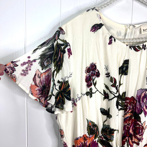 Third Bird Nest Cream and Floral 100% Rayon Flutter Sleeve Jumper SZ L - Picture 2 of 10
